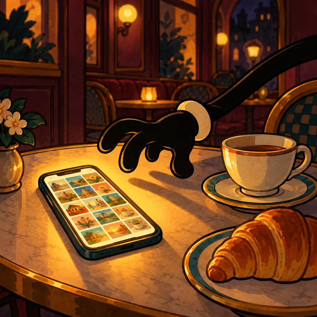 Una mano enguantada de dibujo animado se acerca por una mesa de café a un teléfono lleno de fotos privadas.